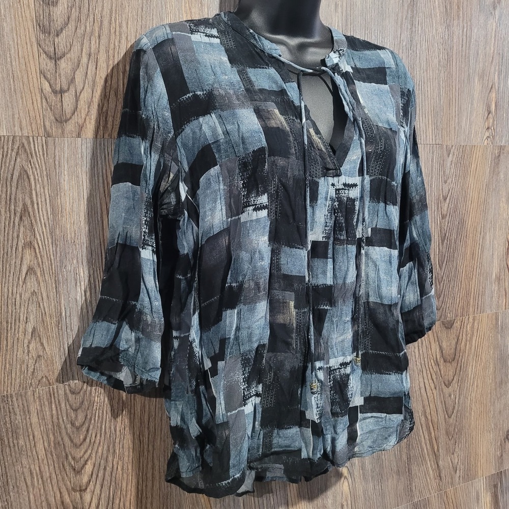 APNY Abstract SemiSheer Blouse Lg Muted Blue/Black Tasseled Popover Lightweight - Picture 2 of 10